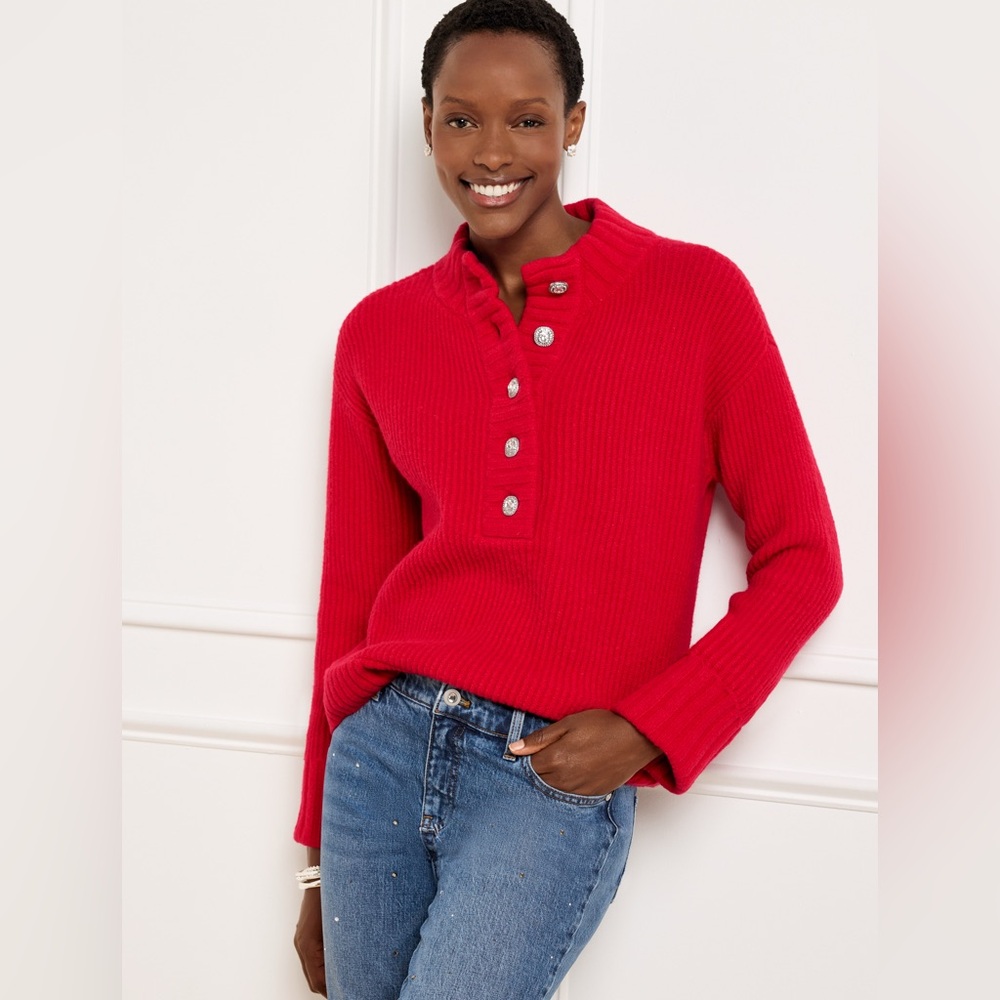 Talbots Red Jewel Button Henley Chunky Ribbed Pullover Wool Blend Sweater XS‎